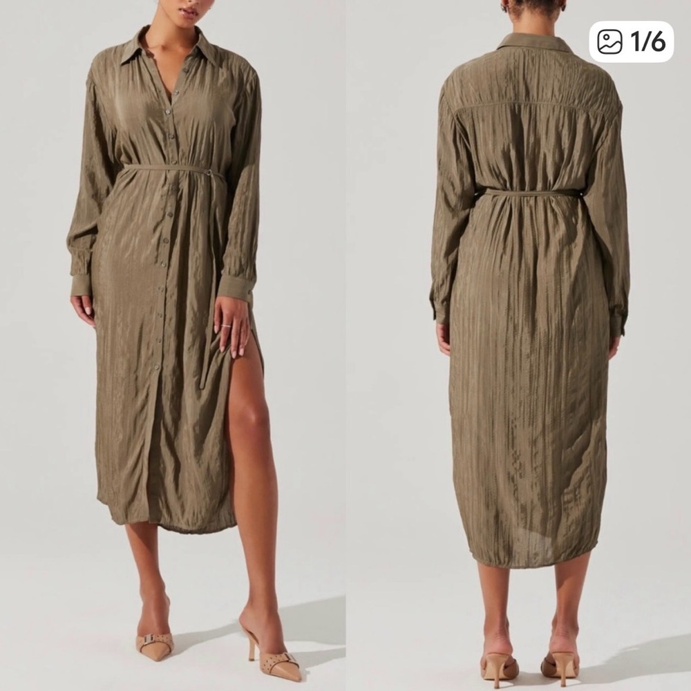 ASTR Olive Green Button Down Shirt Dress Midi